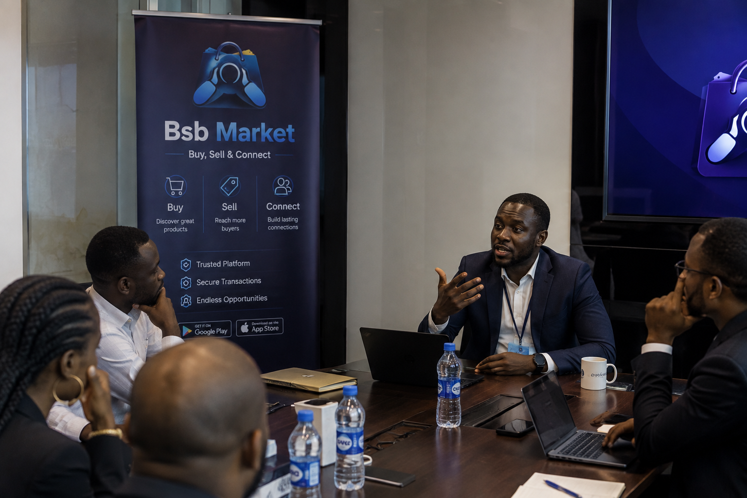 Business team meeting beside a Bsb Market brand banner