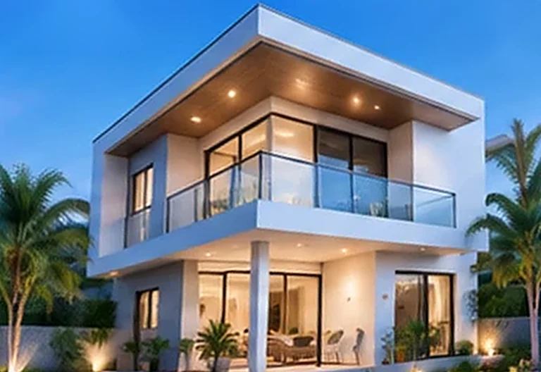 Modern three-bedroom duplex at dusk